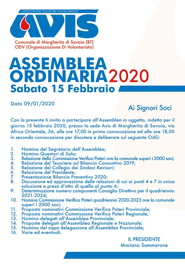Assemblea ordinaria 2020 Sabato 15 Febbraio