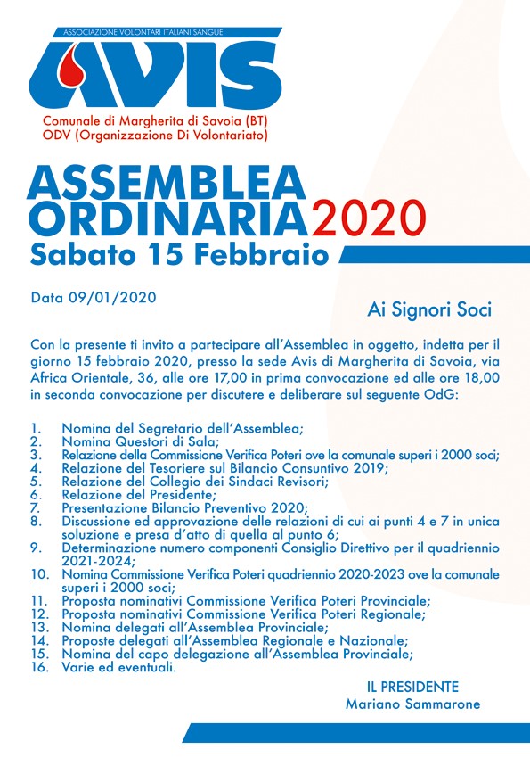 Assemblea ordinaria 2020 Sabato 15 Febbraio