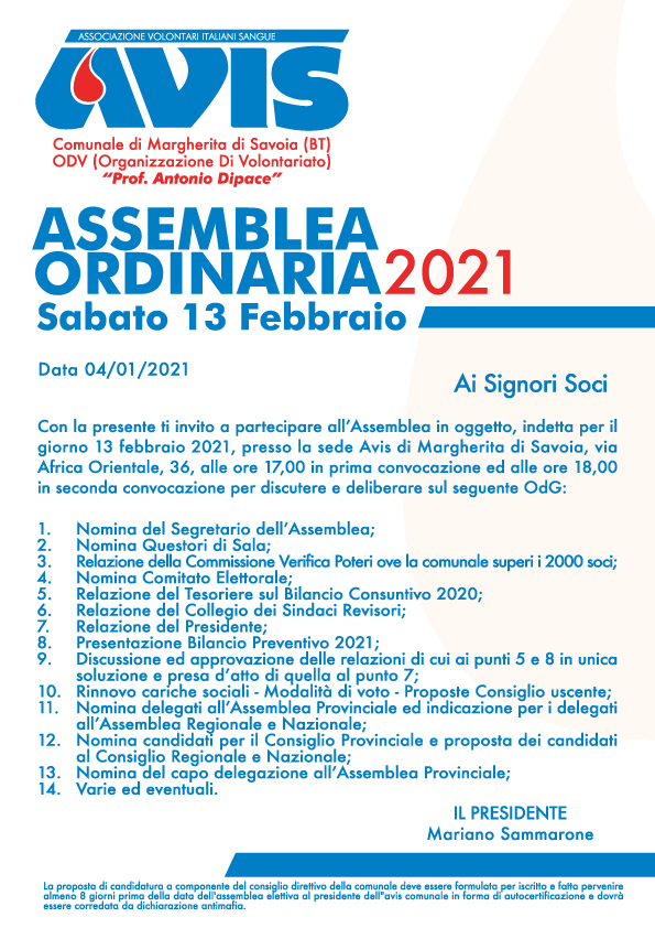 Assemblea Ordinaria 2021 Sabato 13 Febbraio